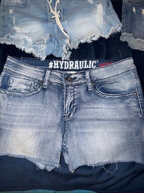 Hydraulic Faded Light Blue Denim Cutoff Shorts
